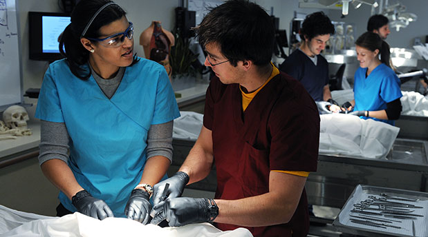 Two students working with in the lab