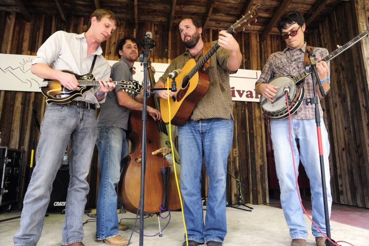 Bluegrass band playing at Lil John's Mountain Music festival in Snow Camp.