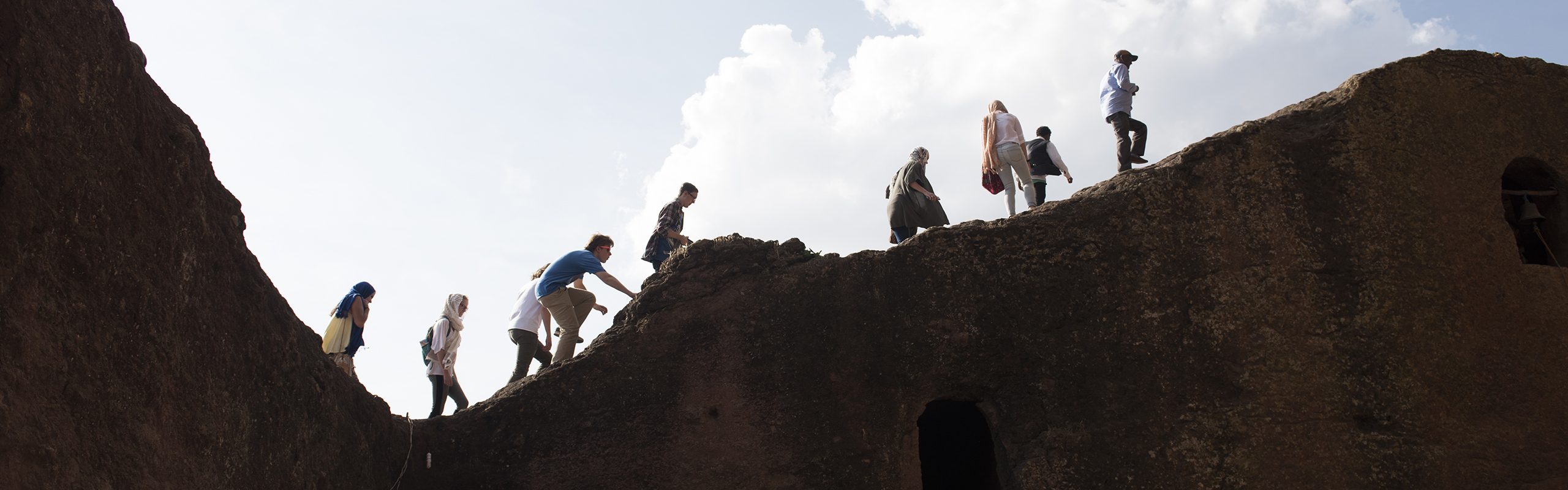 Students visit the rock-hewn Churches of Lalibela in Lalibela, Ethiopia