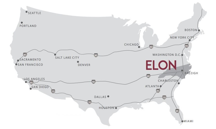 US map showing Elon's location in central North Carolina