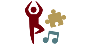 Icon of a figure in a yoga pose with a puzzle piece and music symbol off to the right side