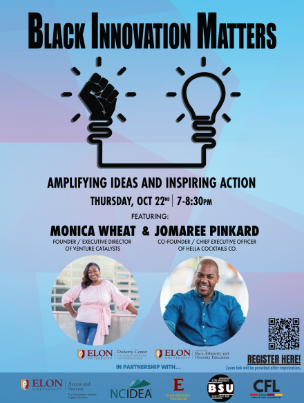Event flyer for Black Innovation Matters Event on October 22nd from 7-8:30pm