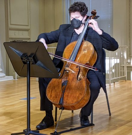 Ryan Graebert, instructor of cello at Radford and High Point, performs with the Elon Piano Trio in Whitley Auditorium on Feb. 17.