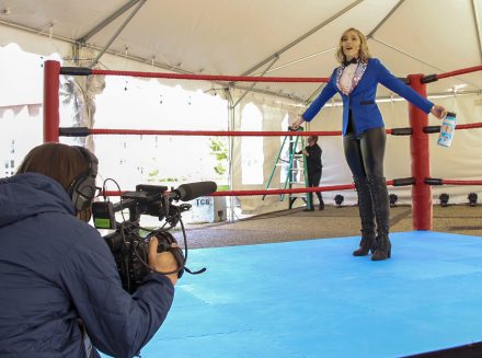 McKenna Meeks '21 performs on the constructed wrestling ring outside the Center for the Performing Arts during the "Beast Mode Champion" filming in October.
