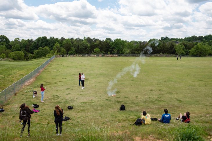 MAY 6, 2021: The Engineering Grand Challenges II course, taught by Associate Professor of Engineering Sirena Hargrove-Leak, launches rockets that they built at the end of the spring semester. (photo by Kim Walker)