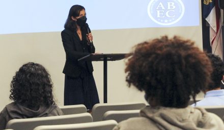 Assistant Professor of English Heather Lindenman speaks Friday at Alamance Community College. 