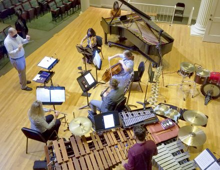 The Elon Contemporary Chamber Ensemble rehearses in Whitley Auditorium on Sept. 12.